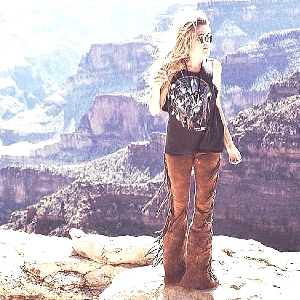 High Waisted Fringe Bell Bottoms in GOLDEN BROWN TIE DYE Festival Boho Pants NWT - Picture 6 of 13
